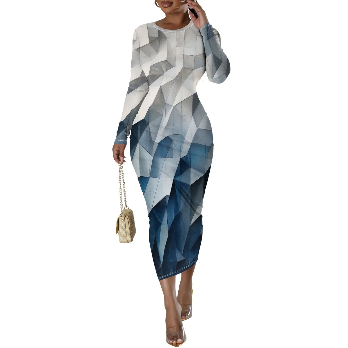 🍒Plus size geometric midi dress full sleeve bodycon women's party vacation outfit bright color clothes date night workwear Drink Wine In A Cut Glass