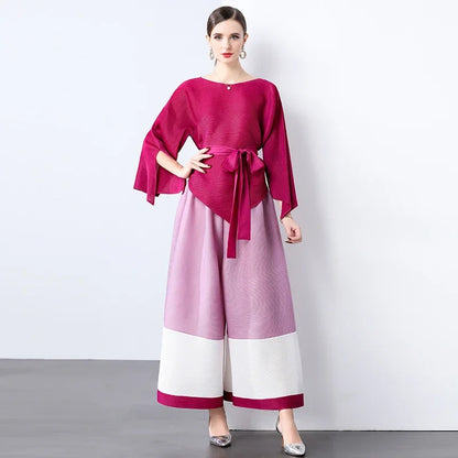 🍒Fashion two-piece sets Loose Irregular hem top pleated patchwork top with belt and  wide-Leg matching pants Your Mouth Will Be Wide Open When You Receive This Cherry  please note some colours are not matched to colour just order as you see what you like