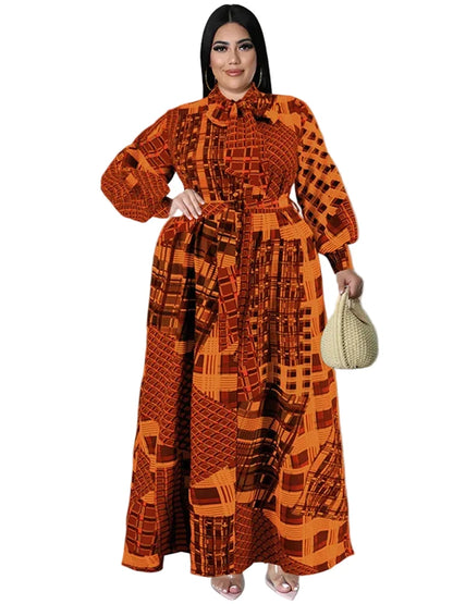 🍒Plus size vintage long sleeve dress print womens clothing fall dresses with belt loose maxi outfit long fashion smart casual women Mix Up Fashion