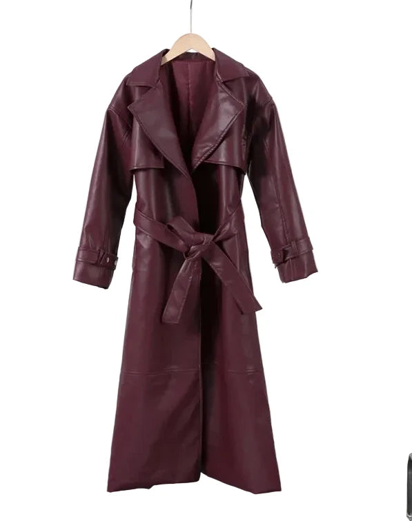 🍒faux leather women coat with lapel long Y2K solid belt and pocket long sleeve pu trench fall winter outwear female Faux Fans Fast Forward