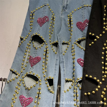 🍒Red diamond jeans embellished hollow heart Jeans for women loose wide leg denim trousers cool pants with rivets wHOLE HEARTedly made for you