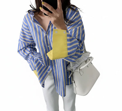 🍒Spring striped shirt loose for women fashion colour mid-length smart casual female fashion patchwork top summer clothes office wear  You wont be SOR i BET about buying this LEMON-y