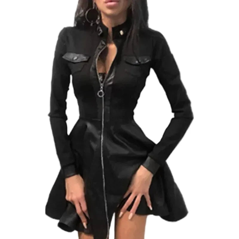 🍒Pu leerrok vir vroue kant gaas mou gemengde media mode partytjie rok mini elegante opstaande nek kraag a-lyn uitrusting Mooi Plaid Pu