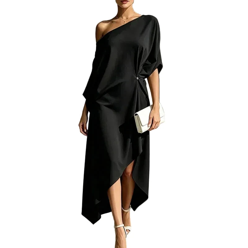 🍒Cold shoulder midi dress loose solid draped knot waist Irregular hem outfit for occasion holiday evening wear women elegant guest wear Pretty Perfect Pinched