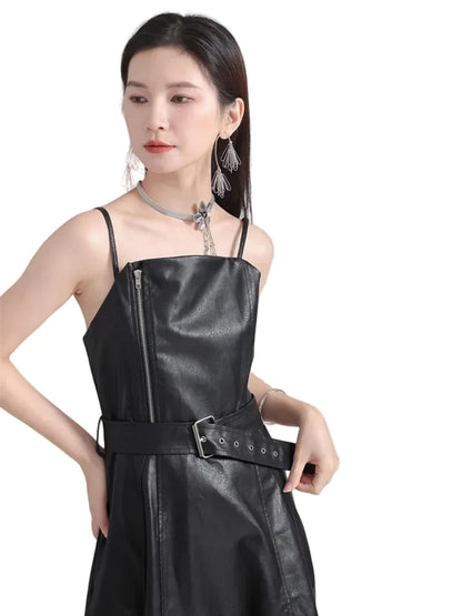 🍒Black faux leather dress spaghetti strap pu outfit with zip front sleeveless belted midi a-line dress party occasion wear sleeveless wear for women Like A Biker