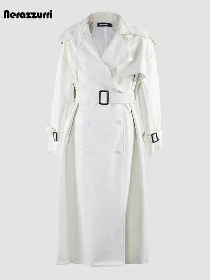 🍒 Lang oorgroot swart trenchcoat-kunsskaapleerbuitelaerdrag vir vroue dubbelbors-oorjas met gordel los slim-gemaklike buiteklere