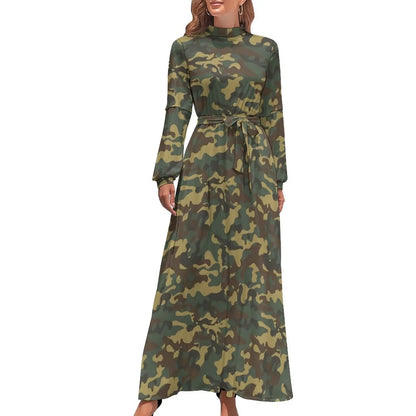 🍒Militêre kamoefleerrok hoë middellyf uitrusting boheemse sjiek langmou maxi stylvolle slim gemaklike klere vroue Camodel Camo