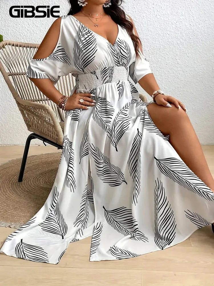 🍒Plus size cold shoulder dress printed womens casual v-neck vacation outfit beach big swing split long summer fashion wear Dont Leaf This One Out