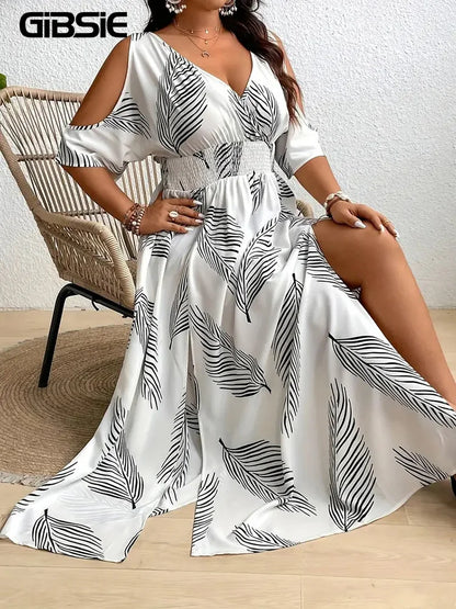 🍒Plus size cold shoulder dress printed womens casual v-neck vacation outfit beach big swing split long summer fashion wear Dont Leaf This One Out