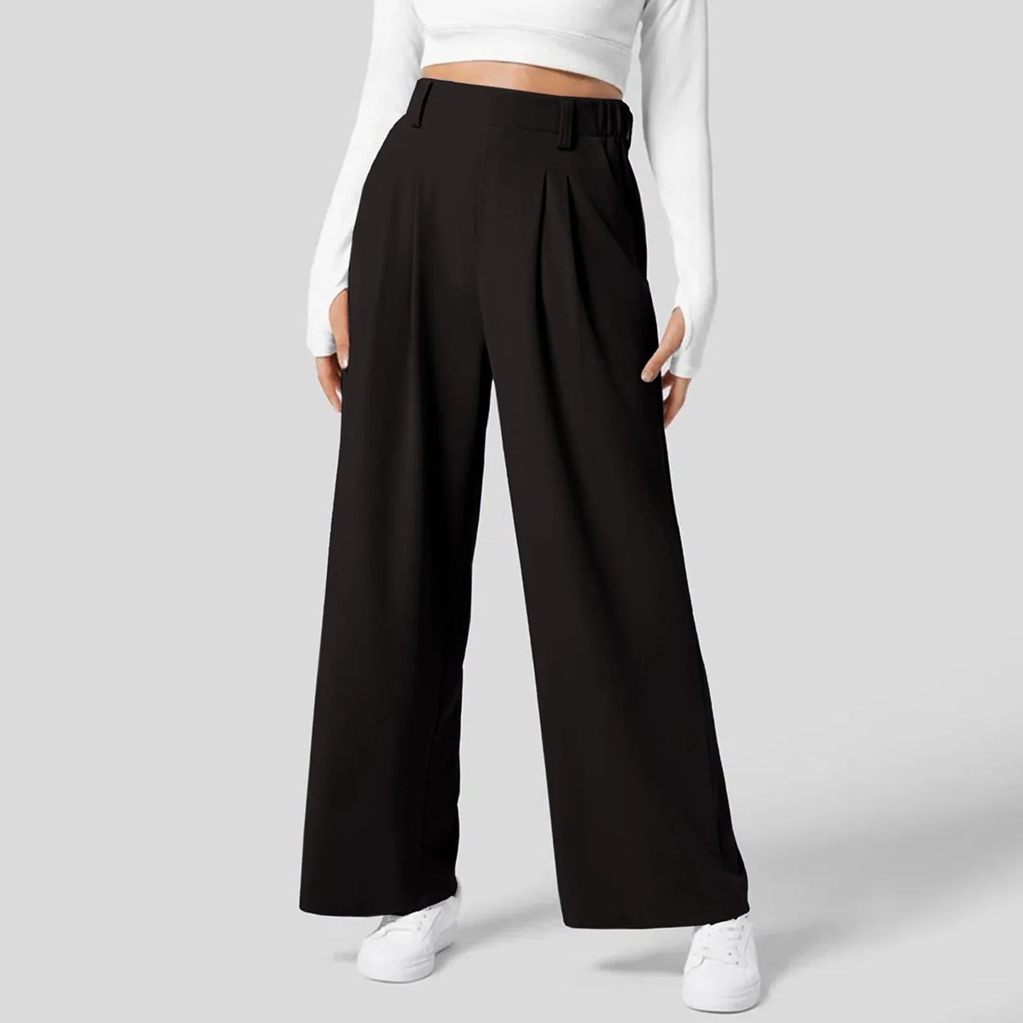 🍒Straight fit high rise trousers  fashionable smart casual women loose solid colour wide leg  pants Solid Slick Staples