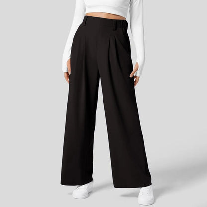 🍒Straight fit high rise trousers  fashionable smart casual women loose solid colour wide leg  pants Solid Slick Staples