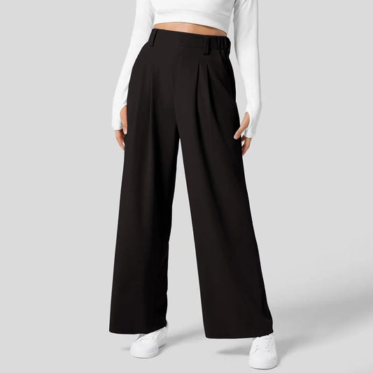 🍒Straight fit high rise trousers  fashionable smart casual women loose solid colour wide leg  pants Solid Slick Staples