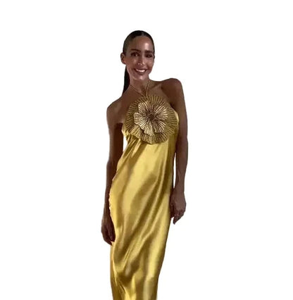 🍒Party dress for women gold outfit for ladies with 3D flower Halter sleeveless backles maxi satin occasion wear evening wear for holiday italian made feminine dresses for summer chic fashion Fem Fleur Fashion