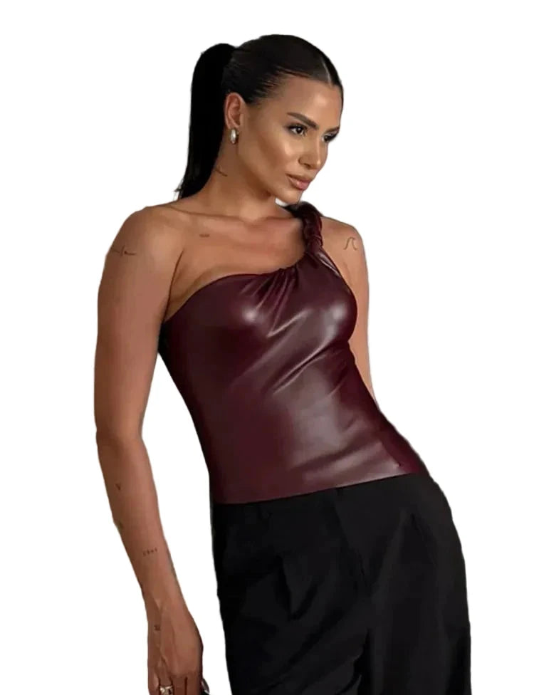 🍒Faux leather top summer fashion women wine red pu leather crop top club wear for women skinny fit asymmetric one shoulder tank casual street style Rope Into Leather