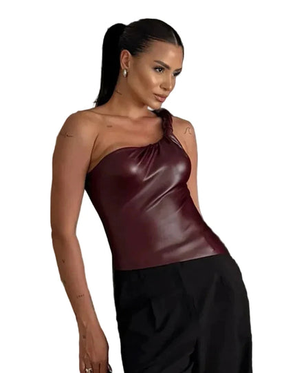 🍒Faux leather top summer fashion women wine red pu leather crop top club wear for women skinny fit asymmetric one shoulder tank casual street style Rope Into Leather
