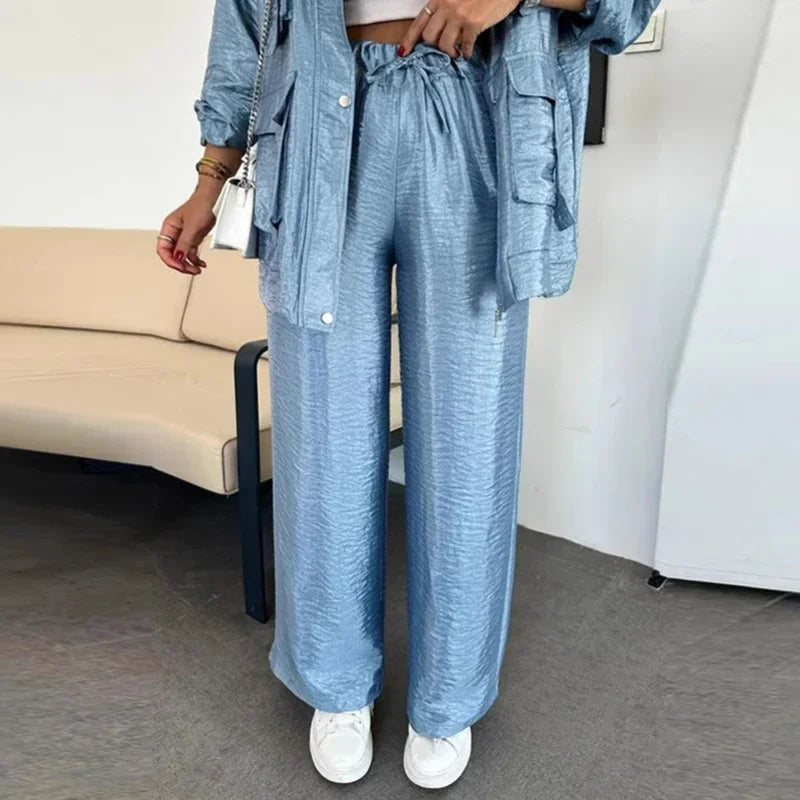 🍒Elegant casual single breasted utility coat jacket and matching pants suit women's retro loose large pocket solid colour two piece set Pocket These Pants And Jacket The Saving