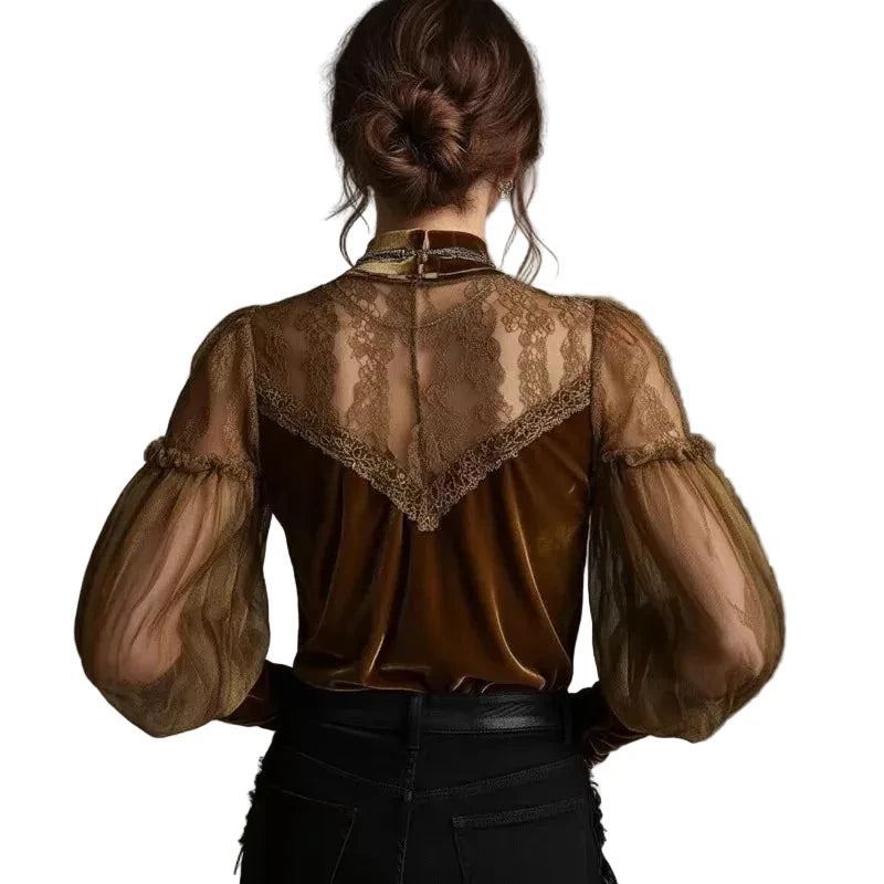 🍒Velvet shirt for women fashion long-sleeve turtleneck chiffon top vintage blouses for ladies retro puff sleeves mesh tops occassion partywear clothimg CHIFFON To Vint-ricate Vibing VELVET