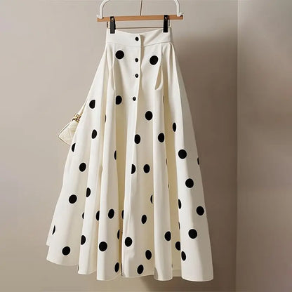🍒White polka dot skirt midi womens high waist a-line skirt vintage outfit big swing sweet girl  fashion summer clothing smart casual wear Get In The Spotlight With Dots