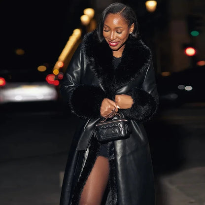 🍒Black faux leather womens coat trench fur coat collar & cuffs fashion belted waist coat long jacket chic streetwear Go On A Poodle Walk
