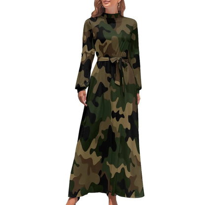 🍒Militêre kamoefleerrok hoë middellyf uitrusting boheemse sjiek langmou maxi stylvolle slim gemaklike klere vroue Camodel Camo