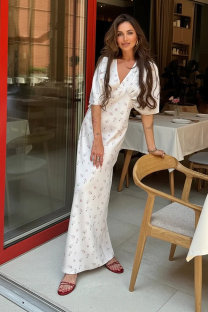 🍒Wit blomme satyn maxi rok vir vroue gemaklik of geleentheid trougas strandvakansie uitrusting blomme gedrukte V-nek rok vroue mode skraal pasmiddellyf kort vlindermou lang somerdrag met kort moue hoë middellyf oulike gemaklike geleentheid
