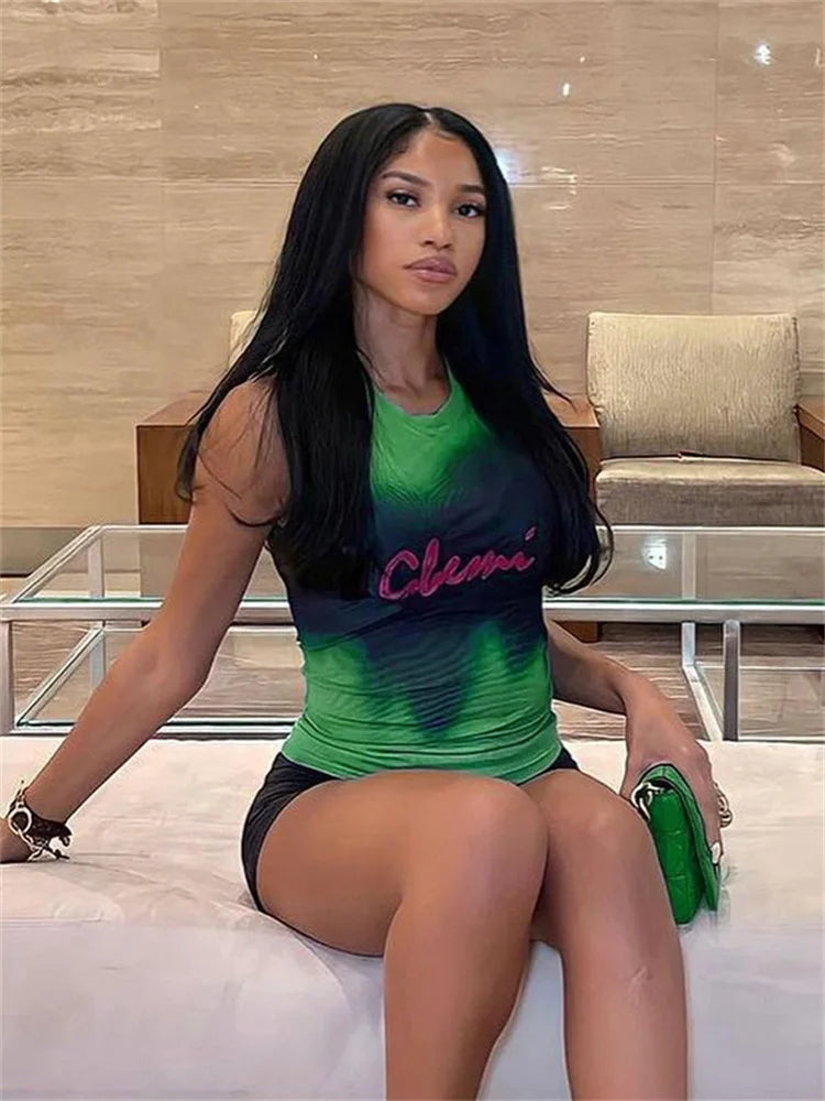🍒扎染无袖上衣 网眼透视短款上衣 女士派对背心 性感俱乐部装 Y2K修身服装 绿意盎然