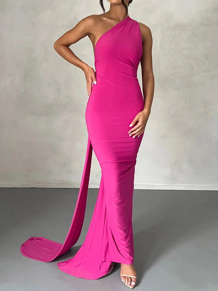 🍒One shoulder sleeveless dress backless maxi neon Y2K occassion outfits for women ruched maxi dress clubwear  birthday clothing party evening wear prom frock No BODY Will Be CROSS with this
