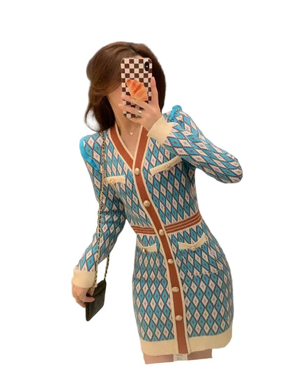 🍒Knitted dress for women v- neck autumn winter fashion french style clothing smart casual female outfit women diamond checkered clothing Playout Plaids