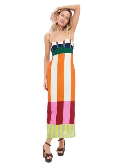 🍒 Kleurvolle Hoë middel maxi gestreepte rok mode slim gemaklike elegante party geleentheiddrag lang uitrusting vroue spaghetti-band boheemse somermode Hierdie vier strepe sal koppe laat draai