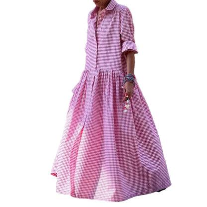 🍒Vroue se geruite maxi-rok, hoëstraatklere, mode en lang los hemp-rok, langmou met lapel, swaai-uitrusting, lente- en somermode vir vakansies Kyk Hier Kyk