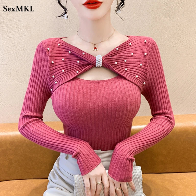 🍒Autumn/winter sweaters  with v neck women pullover fashion Y2k clothes solid bow pearls Long sleeve knitted tops smart casual occasion wear knit A Bow knot Into Your Fashion