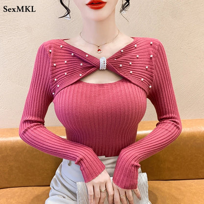 🍒Autumn/winter sweaters  with v neck women pullover fashion Y2k clothes solid bow pearls Long sleeve knitted tops smart casual occasion wear knit A Bow knot Into Your Fashion