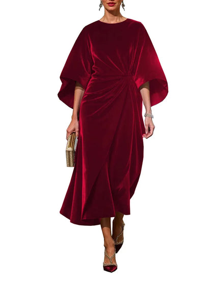🍒Women's velvet dress fashion and elegant fitted waist outfit with batwing sleeves solid party wear Autumn occasion wear Purr -chase  Posh Plush