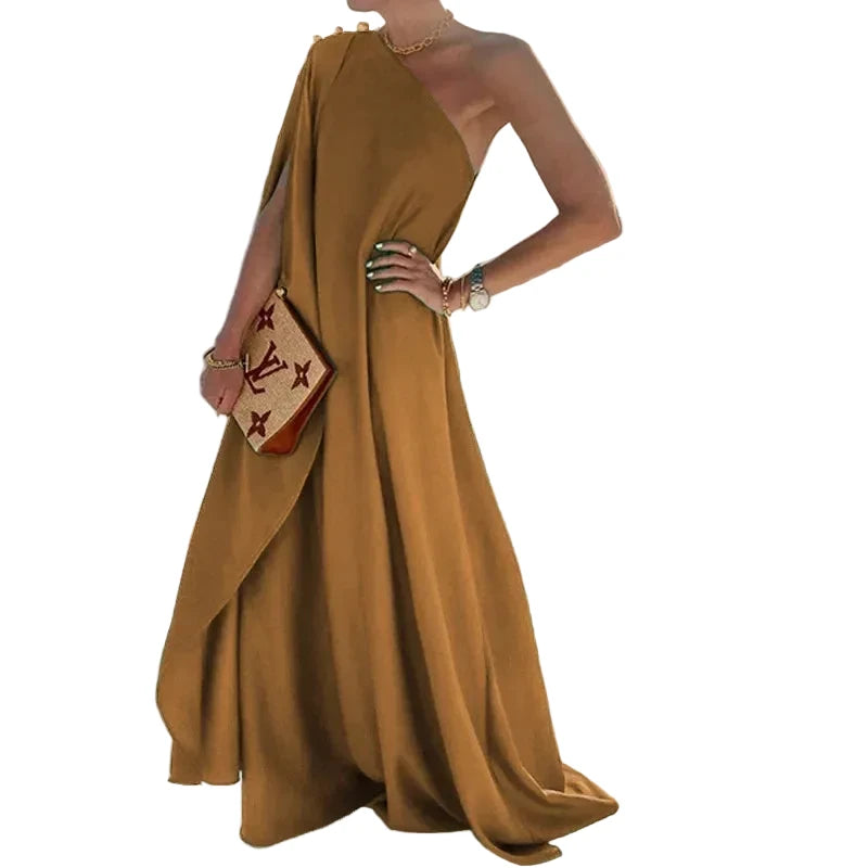 🍒One shoulder outfit plus size holiday dress floor length solid pleated loose fitting occasion wear holiday wear beach fashion women vacation party wear with scarf and side attach detail summer clothing Unleash Some Greech