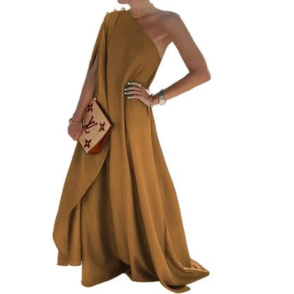 🍒One shoulder outfit plus size holiday dress floor length solid pleated loose fitting occasion wear holiday wear beach fashion women vacation party wear with scarf and side attach detail summer clothing Unleash Some Greech