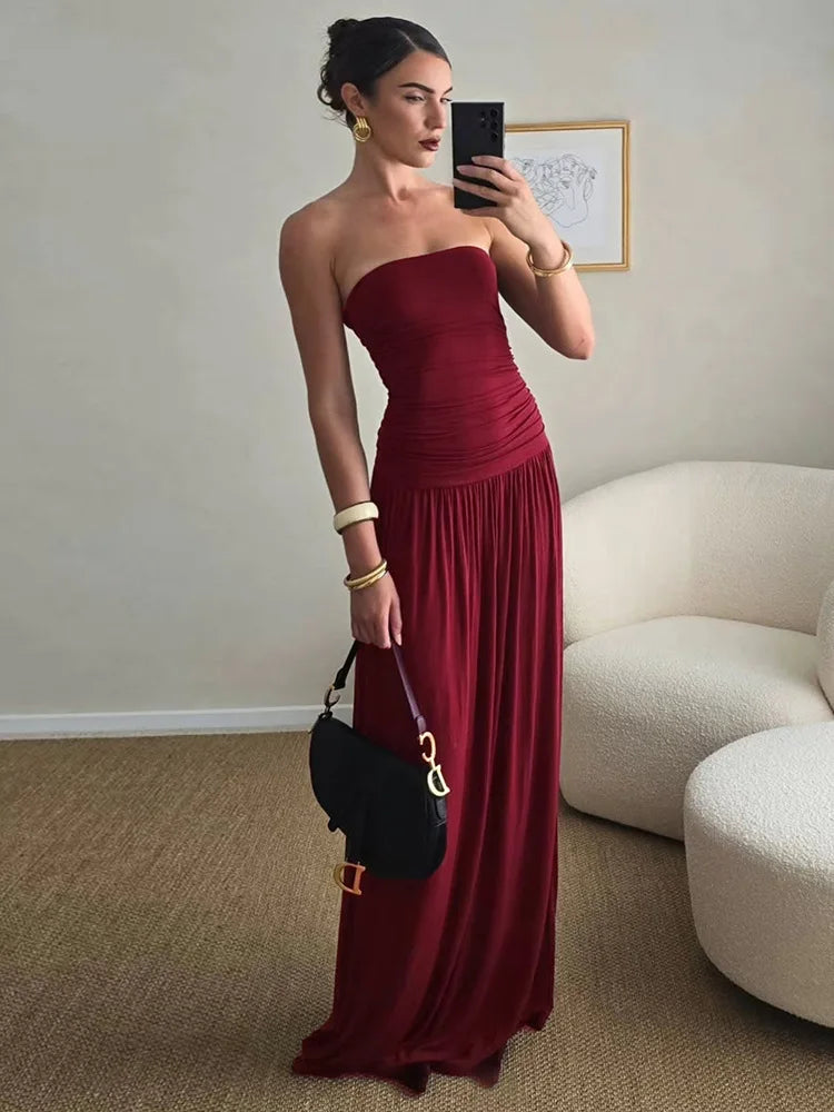 🍒Ruglose bandeau plooirok maxi rok vrouemode ruglose moulose hoë middellyf gerimpelde lang rok elegante Wyn En Dine In Wyn