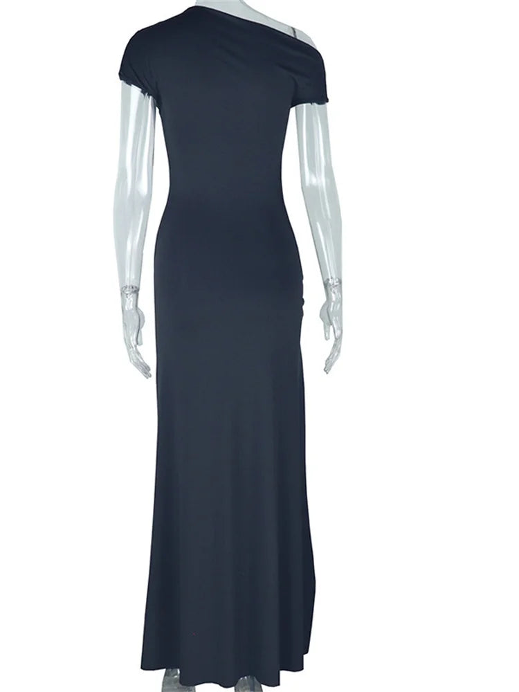 🍒Draped one shoulder dress neck womens split a-line outfits slant shoulder maxi bodycon with slit elegant party frock white summer occasion clothes You Won”t Get Any BLANC Reactions With this Cool WHITE DRESS
