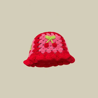 🍒秋季钩针帽子手工渔夫帽针织 Y2k 花朵时尚秋冬彩色帽子 获取风铃花。花朵