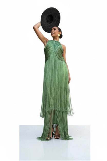 🍒Multi-layer tassel dress women's solid o-neck sleeveless cocktail dress elegant female fashion ball party outfit occasion wear club wear holiday beach party wear No Tossle Tassle