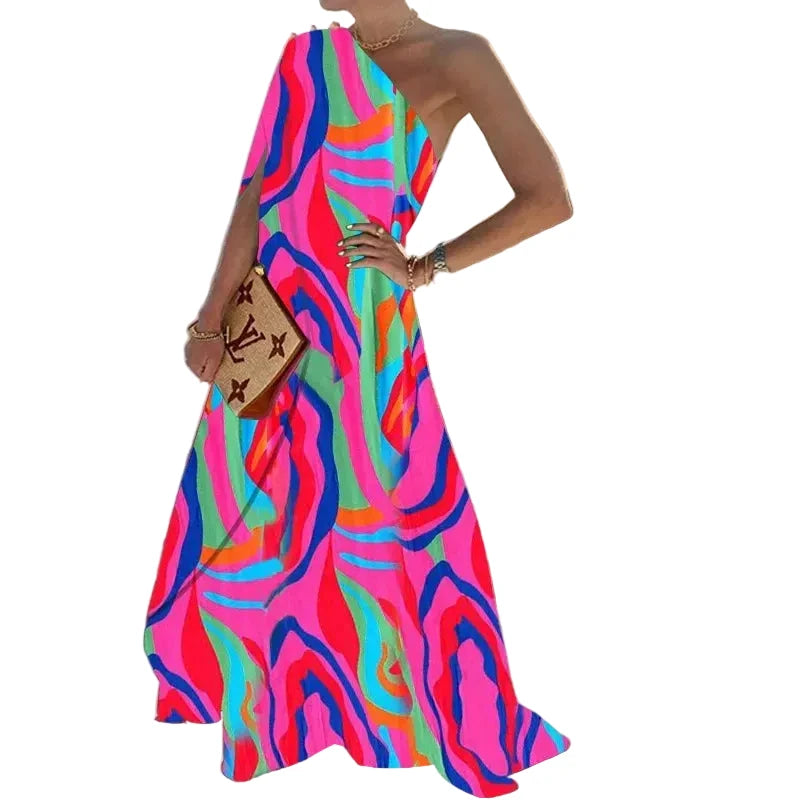 🍒One shoulder outfit plus size holiday dress floor length solid pleated loose fitting occasion wear holiday wear beach fashion women vacation party wear with scarf and side attach detail summer clothing Unleash Some Greech