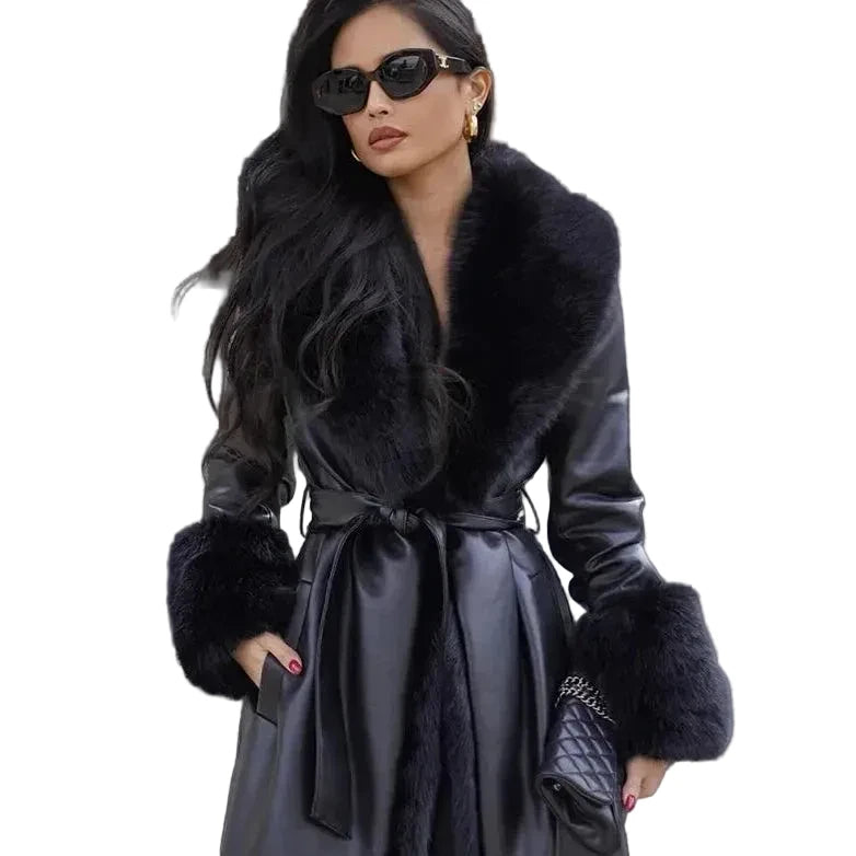 🍒Black faux leather womens coat trench fur coat collar & cuffs fashion belted waist coat long jacket chic streetwear Go On A Poodle Walk
