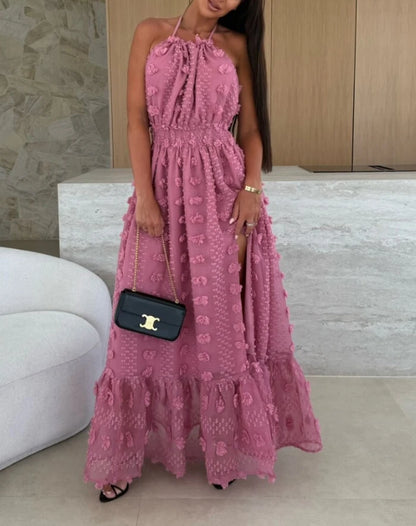 🍒3d floral backless dress split or slit decoration dress summer women party occasion wear solid colour outfit high waist sleeveless evening wear Pink Champagne Or Rum With Black
