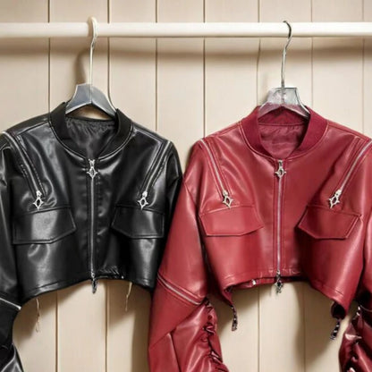 🍒pu cold shoulder leerbaadjie Y2K estetiese straatklere buiteklere los modes vroue soliede mode vroulike kort jas Bly snoesig in 'n koue skouerjas