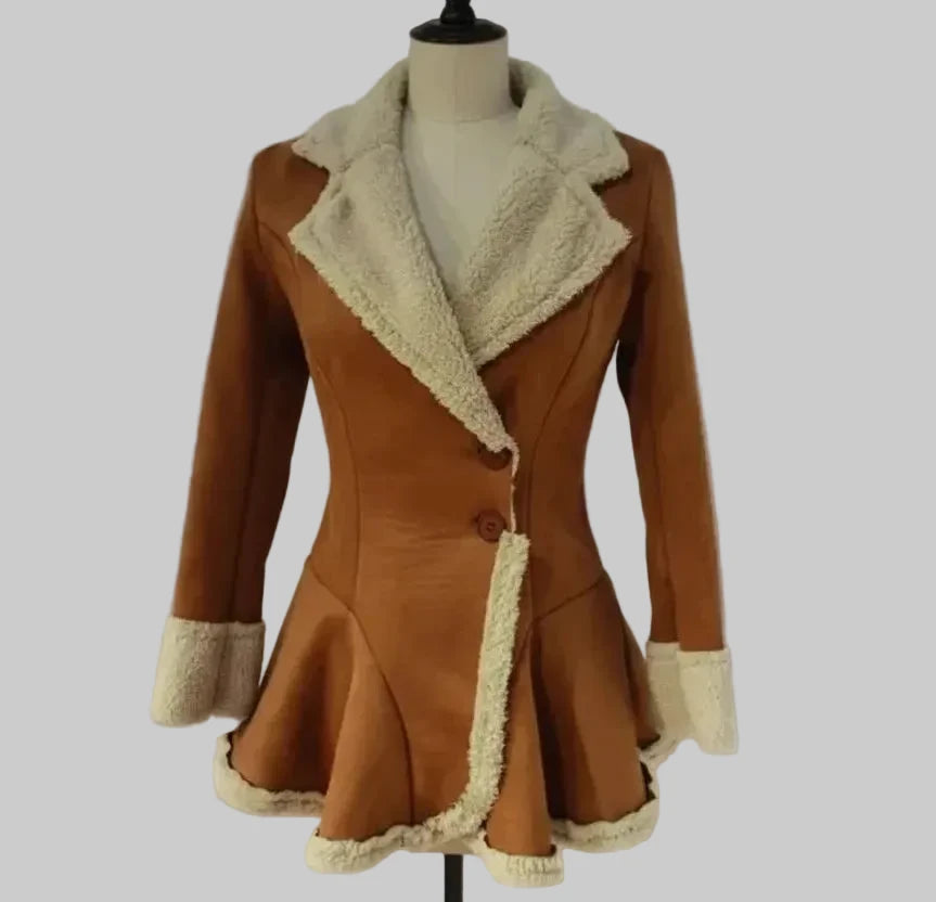 🍒Faux sheep skin jacket fitted waist loose fashion lapel coat female faux fur long coat versitile long sleeve outerwear Slim Sheep Skin