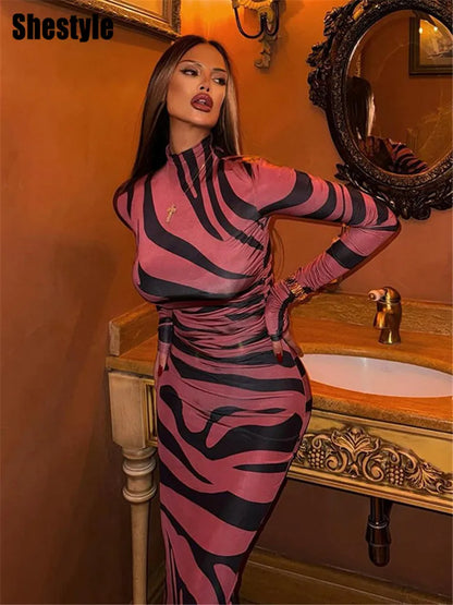 🍒红色条纹长裙女式紧身半高领斑马纹网纱套装夜店派对场合服饰                       秀出你的个性