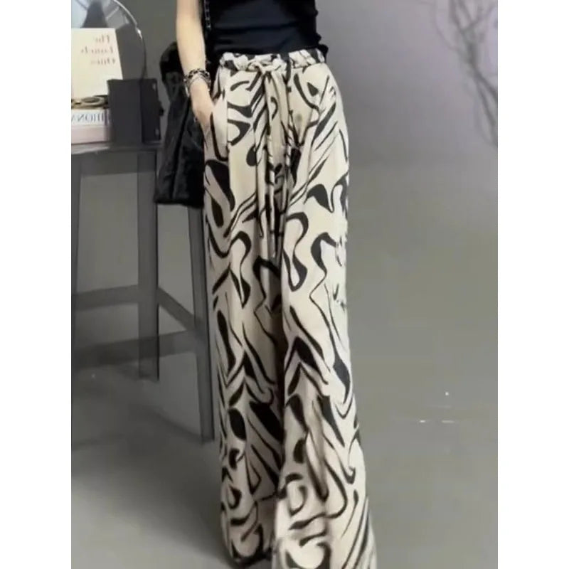 🍒Black and white trousers printed for women loose fitting summer clothes wide leg pants with drawstring smart casual wear