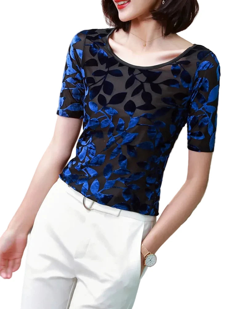 🍒Summer tops for women round neck velvet top devore t-shirt fashion flower gauze short sleeve tee smart casual clothing