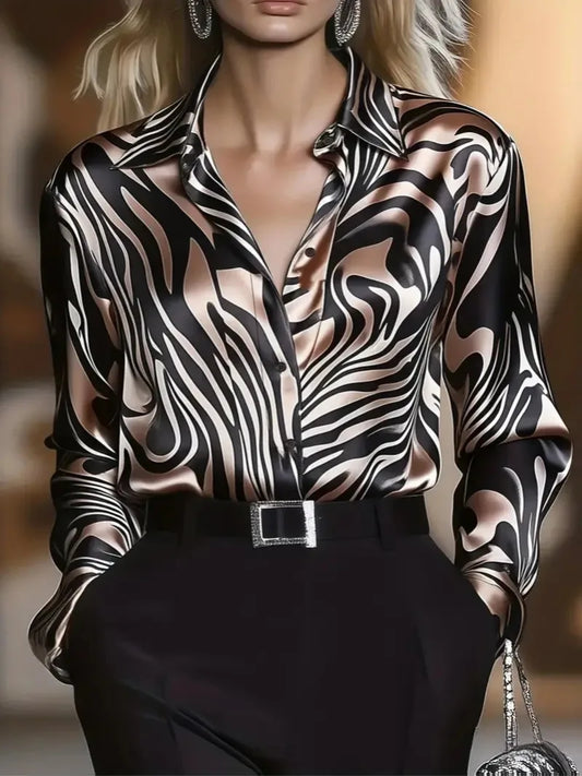 🍒Fashion blouses for women simple smart casual wear spring summer long-sleeve Zebra print satin shirt animal print clothing