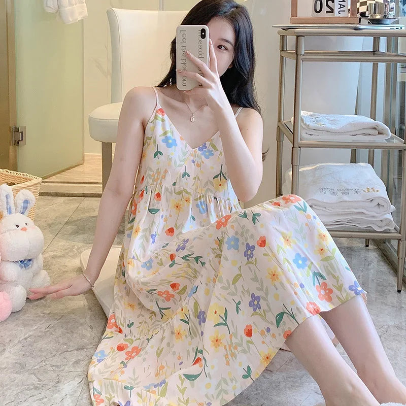 🍒Moue nagrok vir Vroue, asemende viskosekatoen-camisole-nagrok, bloemryke nagrok, huisdrag, somerdrag, vakansiedrag, nagdrag, Vars Blommepatrone