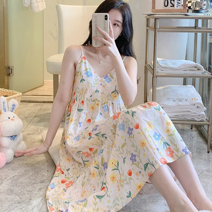 🍒Moue nagrok vir Vroue, asemende viskosekatoen-camisole-nagrok, bloemryke nagrok, huisdrag, somerdrag, vakansiedrag, nagdrag, Vars Blommepatrone